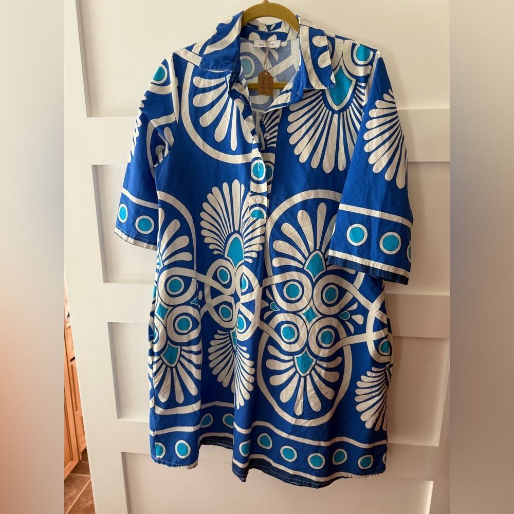 Noeline Blue and White Patterned Shirt Dress made in Italy